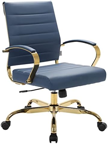 LeisureMod Benmar Modern Mid-Back Adjustable Swivel Leather Office Chair with Gold Frame (Navy Blue)