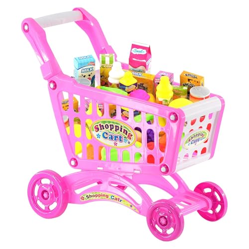 The Magic Toy Shop Kids Shopping Trolley Toy with Accessories - Pink, Pretend Play Food, Grocery Cart, Role Play Fun - Child's Shopping Trolley for Toddlers, Supermarket Toys for Learning