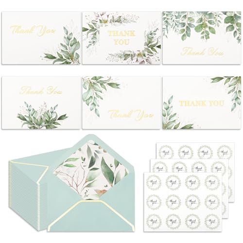 36PCS Thank You Cards with 36 Envelopes 6 Styles Green Leaves Thank You Cards Wedding with Stickers for Weddings Bridal Showers Baby Showers Birthday Parties