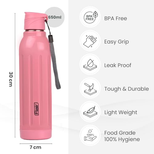 Image of FLAIR Arrow 900 Stainless Steel Water Bottle Set of 2 (650 ml Each), Pink, Hot & Cold, Leakproof, BPA-Free, ISI Certified, Stainless Steel Bottle for Office, Gym, Travel, Trekking & Outdoor Sports