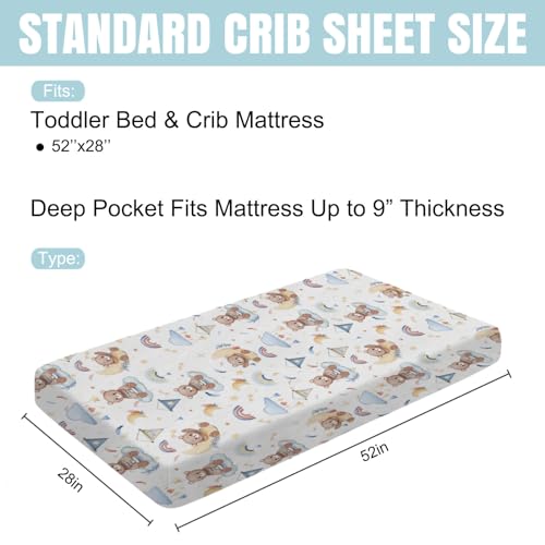 Image of Cartoon Cute Bear Baby Crib Mattress Sheet 52''x28'' Bear Rainbow Moon Stars Clouds Leaf Snug Fitted Crib Mattress Cover for Boy Girl Soft Nursery Standard Crib Toddler Mattress Pad Cover Blue