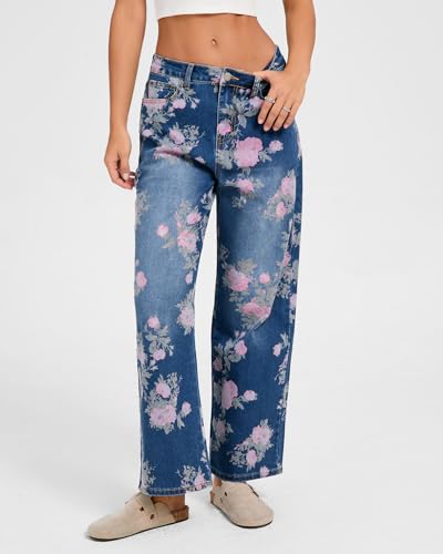 Kedera Women's Baggy Straight Jeans Casual Boyfriend Mid Rise Floral Printed Wide Leg Denim Ankle Pants2