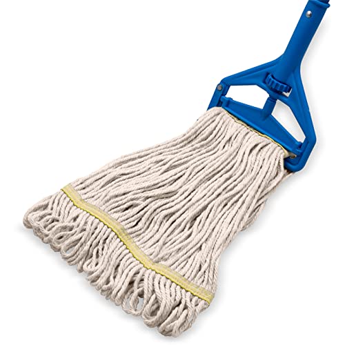 Image of SPARTA Flo-Pac Acrylic Mop Head, Loop-Ended, Narrow Band with 1 inch Yellow Band for Organized Cleaning, Small, Natural (Pack of 3)