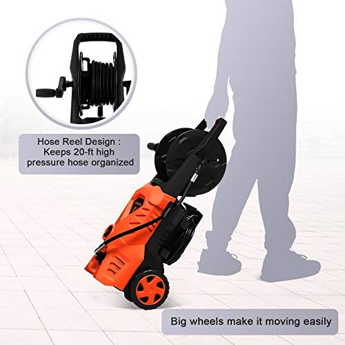 WHOLESUN 3000PSI Electric Pressure Washer 2.4GPM 1600W Power Washer with Hose Reel and Brush Orange