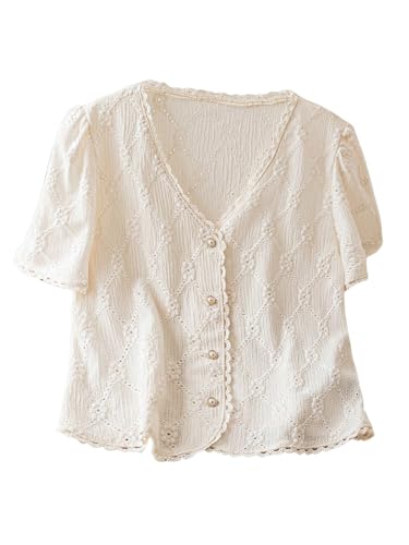 COZYEASE Women's Floral Embroidered Button Down Blouse Frill Trim Short Puff Sleeve V Neck Vacation Shirts
