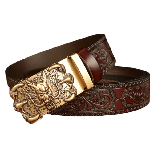 Men's Leather Ratchet Dress Belt - Dragon Gold Buckle Western Floral Print Brown Strap2