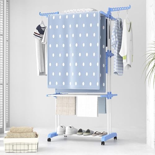 Image of Lukzer 3-Tier Foldable Clothes Drying Rack with Wheels | Stainless Steel Laundry Stand | Space-Saving, Heavy-Duty, Rust-Resistant for Indoor Outdoor Use - Towels, Clothes, Bedsheets