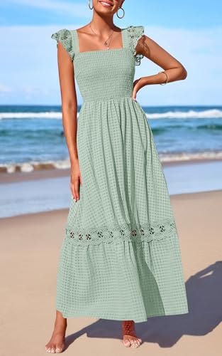 Image of PRETTYGARDEN Women's Smocked Summer Maxi Dresses 2026 Ruffle Cap Sleeve Square Neck Lace Detail Flowy Sundress with Pockets