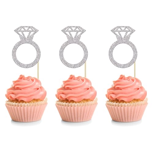 24Pcs Silver Glitter Diamond Donut Ring Cupcake Topper Picks Wedding Engagement Cake Decorations for Engagement Bridal Shower Party Cake Decorations