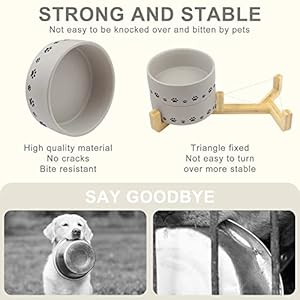 Ptlom Ceramic Pet Bowls for Dogs and Cats, Raised Dog Food and Water Bowl Set with Anti-Slip Wooden Stand, Pets Dish Feeding Bowls Suitable for Small, Medium, and Large Cats Dogs, Grey, 14 Oz