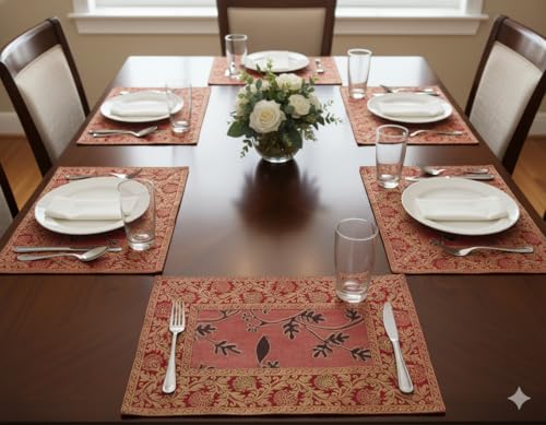 Image of Brocade Silk Placemats for Dinning Table 12 x 18 Inches Hand Embroidered, Set of 6 Decorative Placemats for Home (Maroon)