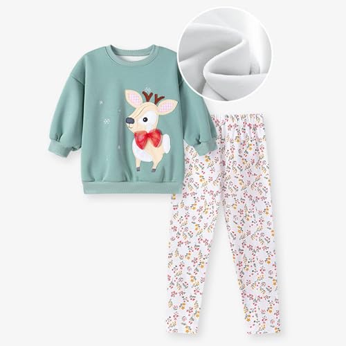 Girls 2 Piece Oufits Cute Graphic Long Sleeve Pullover Crewneck Sweatshirt Floral Tights Fleece Warm Tracksuit for 2-8 Years4