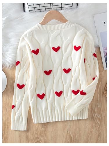Floerns Girl's Long Sleeve Hearts Print Cardigans Button Up V Neck Cable Knit Sweaters2