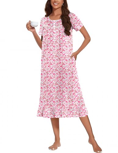 Ekouaer Victorian Nightgowns for Women Soft Long Button Night Gowns Comfy House Dresses with Pockets Short Sleeve Sleep Shirts Pink Flower M