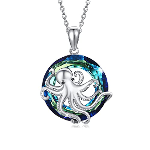 TUGHRA Octopus Necklaces for Women, Dainty Austria Crystal Octopus Pendant Necklace S925 Sterling Silver Ocean Jewelry Gifts for Teenage Birthday
