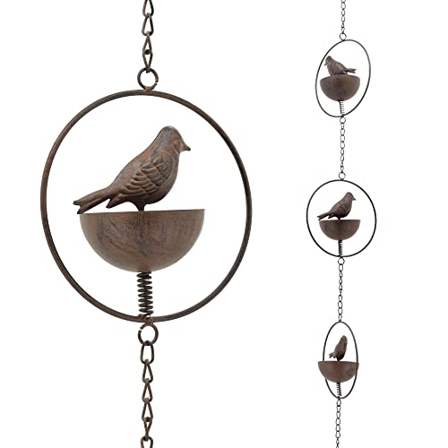 Arcadia Garden Products RC05 Perched Bird Rain Chain, Decorative Replacement Downspout for Gutters, 7 Cups, 6.5 ft, Brown