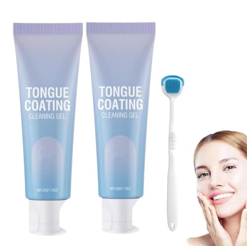 Set di gel per la pulizia della lingua con spazzola, set di gel per la pulizia della lingua, set di gel raschietto per la lingua, rimuove la lingua bianca e pelosa e l'alito cattivo (2 pezzi)