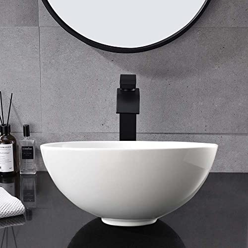 Round Bathroom Sink With Drain Combo-Wesliv 13"X13" White Bathroom Vessel Sink Above Counter Round Porcelain Ceramic Vessel Sink Combo With Black Pop-Up Drain #TOP4