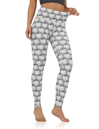 ODODOS Women s Mid Waisted Pattern Leggings with Inner Pocket, Athletic Printed Running Tights Workout Full-Length Yoga Pants, Hexagon, Small