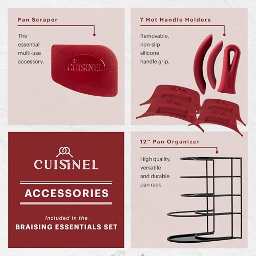 Image of Cuisinel Cast Iron 16-Piece Pre-Seasoned Cookware Set - 8 inch + 12 inch Braiser Pans + Cast Iron Lids + 10 inch Skillet + 2-in-1 Multi-Cooker + 12 inch Organizer + Scraper + Silicone Handle Covers - Fire, Oven Safe
