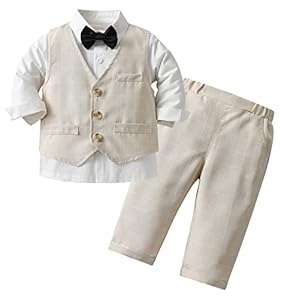 AIEOE 3 STÜCKE Neugeborenes Baby Taufanzug Hemd Jacke Hose Fliege Mit Langen Ärmeln Geeignet von 2-3 Jahren Beige