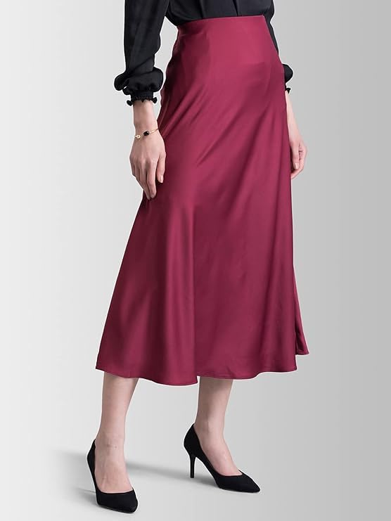 Image of FableStreet Women's Polyester Satin Elasticated A Line Midi Skirt (Maroon) (28) (SK060MRON-28)