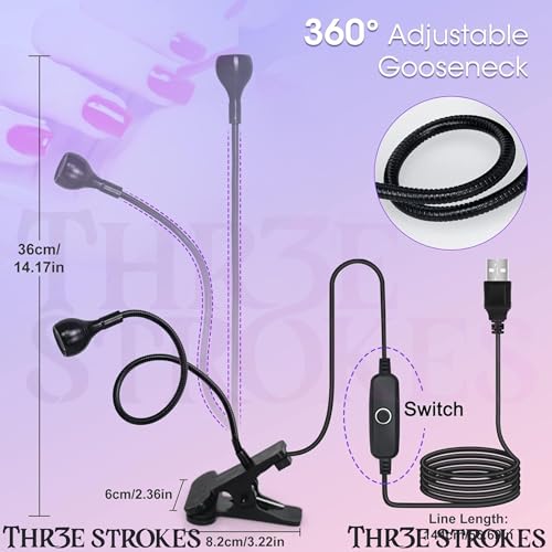 Image of THR3E STROKES UV Light for Nails - 3W LED Nail Dryer with Gooseneck Clamp & USB Charge for Salon /Home (Black-B)