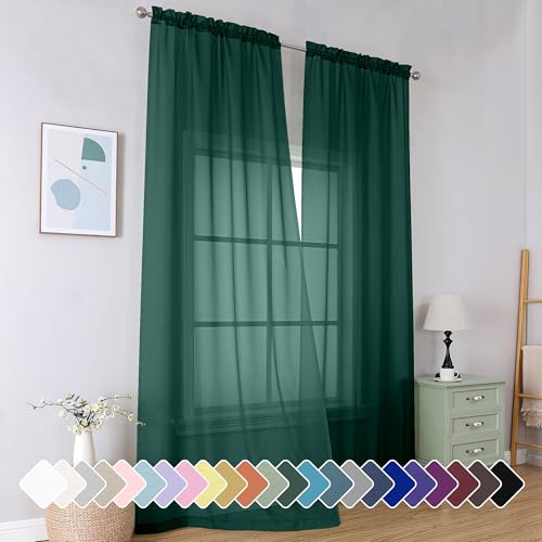 Image of Simplebrand Hunter Green Sheer Curtains 96 Inches Long 2 Panels, Light Filtering Rod Pocket Solid Color Window Sheer Curtain Panels, Elegant Curtains & Drapes for Living Room, Bedroom, 42 inch W x 96 inch L