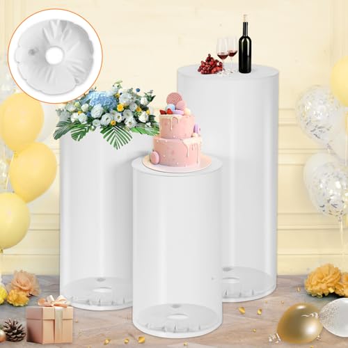 ROOLLYA Thickened PVC Cylinder Pedestal Stands 3Pcs with Free Weighted Water Bag - White Round Pedestal Stand for Wedding, Birthday, Babyshower Decoration 35.4''(L),29.5''(M),23.6''(S)
