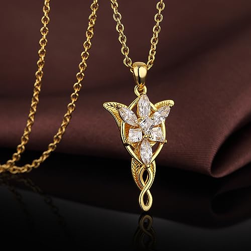 JiayangJY 18K White Gold Plated Arwen Evenstar Necklace, Lord of The Ring Hobbit Pendant Necklace with 5A Cubic Zirconia Elvish Jewelry2