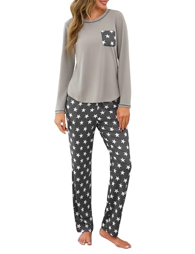 Demegimi Pijama Mujer Invierno Algodón con Estampado Pijama Largo Ropa de Dormir Cómoda 2 Piezas con Bolsillo