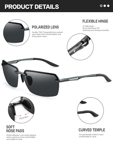 Image of BIRCEN Mens Polarized Sunglasses for Driving: Rimless UV Protection Sun Glasses with Al-Mg Frame for Fishing Traveling Golf