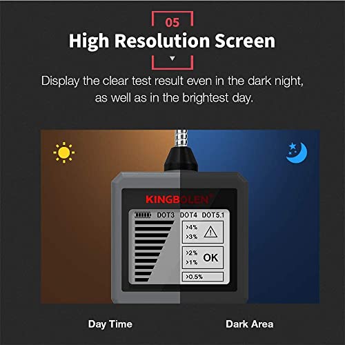 KINGBOLEN Bremsflüssigkeitstester, Bremsflüssigkeit Diagnosetest Werkzeug, Hydraulikflüssigkeit/Flüssigkeit/Öl-Feuchtigkeitsanalysator mit LCD-Bildschirm Akustischer Alarm DOT3 DOT4 DOT5.1 Tester