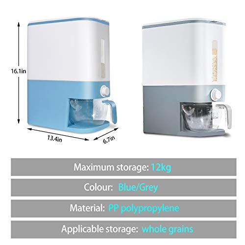 Rice Storage Container - 26.5 Lbs Large Cereal Dry Food Storage Box, Measurable Rice Cylinder, Automatic Rice Dispenser Grain Storage Bin, Household Rice Bucket with Lid and Measuring Cup (Blue) - Thumbnail 5