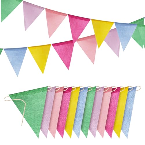 Image of Reusable Pastel Pennant Banner Flags 60 Pack 36ft Burlap Bunting for Party | Washable & reusable burlap bunting, durable indoors & out, ideal for birthday, Easter, school, carnival, classroom & party