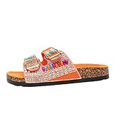 ROULVXIANG Women's Double Buckle Sandals Rhinestone Beaded Cork Footbed Slides with Turquoise Stones Large Size Beach Slippers (orange, Adult, Women, 13, Numeric, US Footwear Size System, Medium)