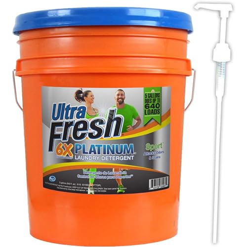 Image of Ultra Fresh 5 Gallon Liquid Laundry Detergent Washing Soap for All Machine Types, 6X Platinum, Up to 640 Loads, Sport Odor & Stain Remover
