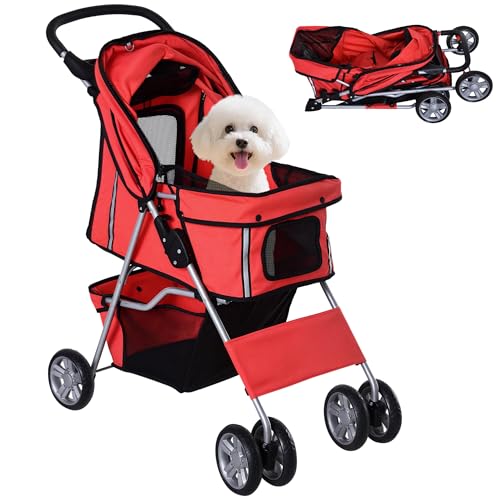 PawHut Passeggino per Cani Fino a 10 kg, Carrello Pieghevole per Animali Domestici Carrello Carrozzina, 75x45x97 cm, Rosso