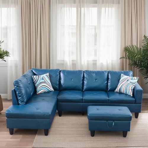 Trygoal L Shaped Couches for Living Room, Leather Sectional Couch Living Room Furniture with Storage Ottoman, Modular Sectional Sofa with Movable Chaise for Apartment Office, Deep Blue