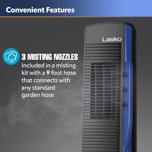Lasko Misto Outdoor Misting Tower Fan, 4-Speeds, Internal Oscillation, for Decks, Patios and Porches, Black, YF300, Large