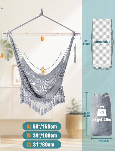 Image of Chihee Hammock Chair Handmade Hanging Chair Cotton Rope Woven Hanging Seat Soft-Spun Large Stretch Hammock Swing, Collapsible Strong Metal Spreader Bar Elegant Macrame Comfort Indoor Outdoor Garden