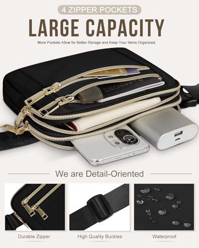 Capolo Fanny Packs for Women Fashion Waist Packs Bag with Adjustable Strap and 4 Zipper Pockets Waterproof Everywhere Crossbody Belt Bag for Workout Running Travelling(Black, Large)