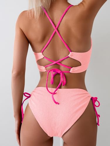 Image of B2prity Tie Bikini Top Set Sexy Push Up 2 Piece Swimsuit Color Block Bathing Suit Full Coverage Swimwear for Curvy Women