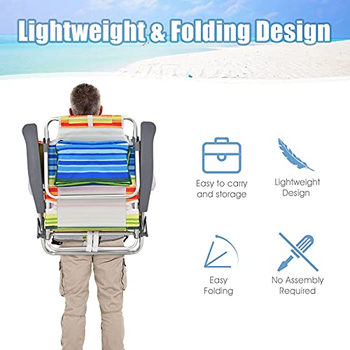 Image of Giantex Folding Beach Chair, Patio Sling Chairs with 5 Adjustable Position, Head Pillow, Storage Bag, Towel Bar, Cup Holders, Backpack Chairs for Sunbathing, Camping Chair