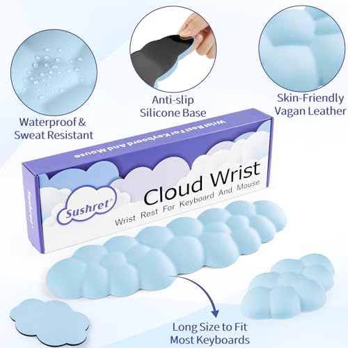 Image of Sushret Cloud Wrist Rest Keyboard, Cloud Keyboard Wrist Pad Set with PU Leather Memory Foam, Cute Arm Rest for Palm Support, PC /Gaming Desk Accessories /Office Setup /Computer Hand Cushion - Blue