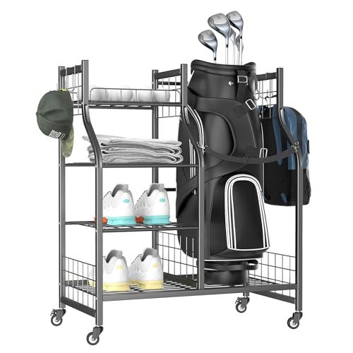 WALMANN Garage Golf Bag Storage Organizer Stand, Extra Large Golf Stand with Golfing Accessories Storage Shelves Rolling Golf Organizer(for 1 Bag)