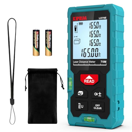 Medidor Láser 70M, Kiprim Láser Medidor Distancia con 2 Burbujas de Niveles in M/In/Ft, Telémetro Láser IP54 Herramienta de Medición Digital Portátil, Memorias 99 Datos, Pantalla LCD Retroiluminada