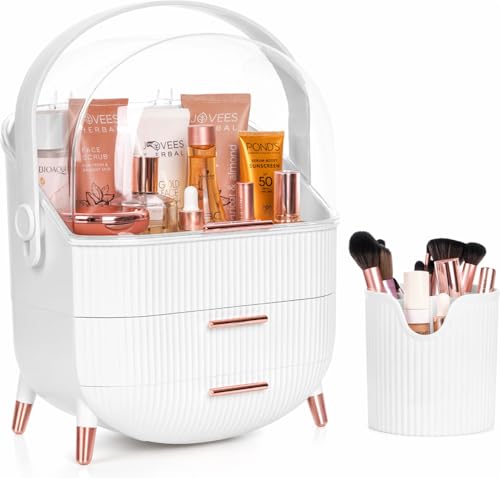 Winter Shore Organisateur Maquillage Blanc avec Pot à Pinceaux - Boite Maquillage avec 3 Tiroirs en Plastique - Poignée Rotative & Couvercle Transparent - Rangement Coiffeuse à Transporter