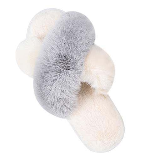 Women's Cross Band Slippers Soft Plush Furry Cozy Open Toe House Shoes Indoor Outdoor Faux Rabbit Fur Warm Comfy Slip On Breathable White/Grey 7-8