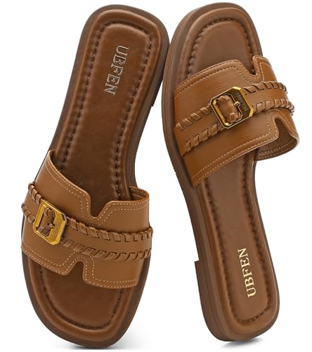 Image of UBFEN Womens Square Toe Flat Sandals Slides Dressy Comfortable for Beach